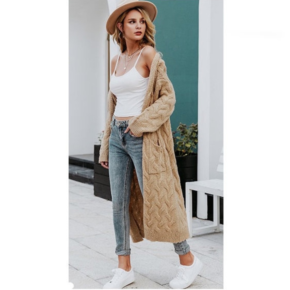 Boho Cable Knit Pocket Long Cardigan Sweater Duster Coat